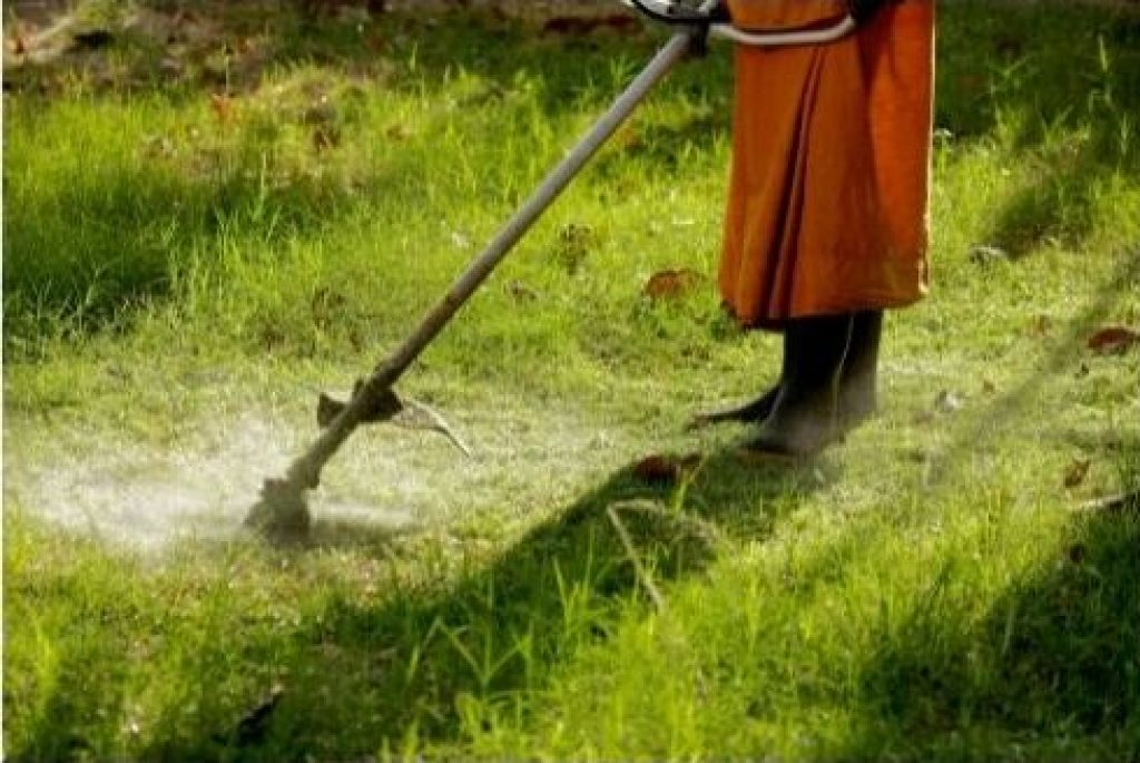 Une personne en botte et en tenue orange est en train de débroussailler un terrain qui comprend des herbes hautes.