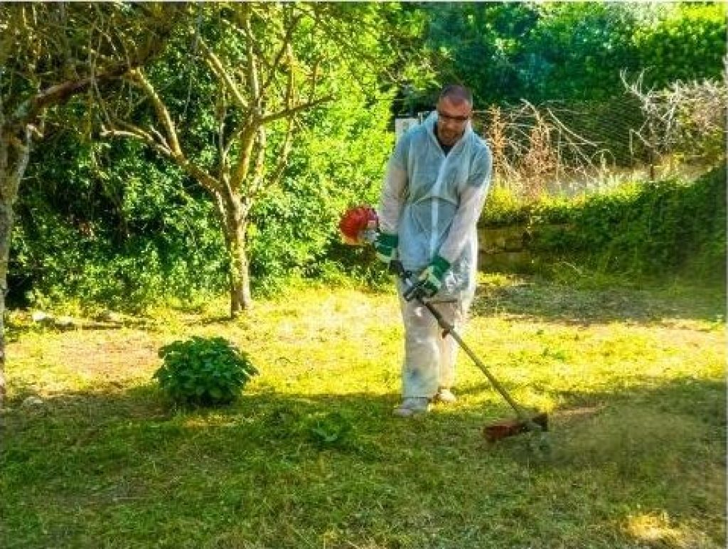 Au milieu d'arbres et de petites plantes se trouve un homme en combinaison qui débroussaille avec son appareil orange.