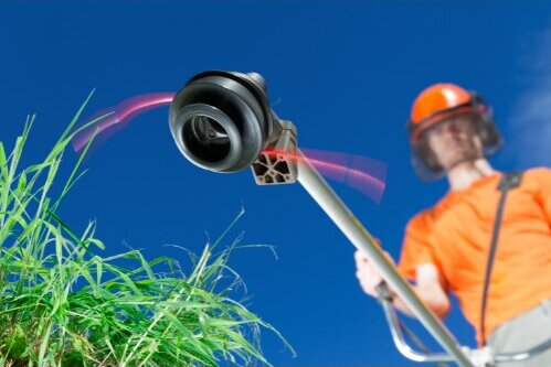 En premier plan se trouve la tête de fil nylon de l'appareil. En arrière plan, on voit un homme habillé d'un t-shirt orange avec un casque de protection sur la tête.