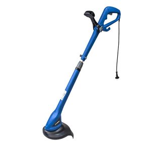 En premier plan, on voit la HCBE350 de chez Hyundai avec son manche bleu et sa tête à lame noire.