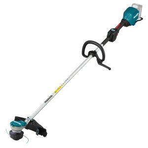 On voit la Makita UR003GZ01 sur un fond blanc. L'appareil est vert bleu tandis que l'arbre de transmission est gris.