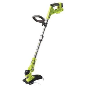 La Ryobi RLT1831H25F, entièrement verte avec une tête de coupe noire, est sur un fond blanc, légèrement de côté.