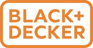 Dans un rectangle orange se trouve "Black & Decker" écrit au centre. L'écriture est en lettres capitales et orange.