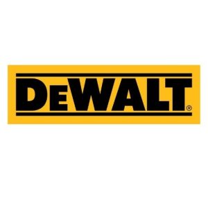 Sur un fond blanc se trouve le logo qui comprend un rectangle orangé sur lequel est écrit Dewalt, avec une police noire.